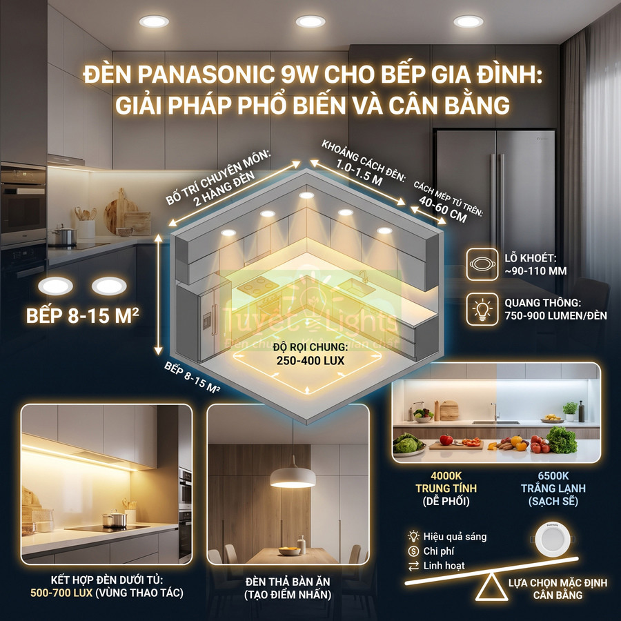 Đèn âm trần Panasonic 9W chiếu sáng bếp gia đình 8 đến 15 mét vuông với ánh sáng cân bằng