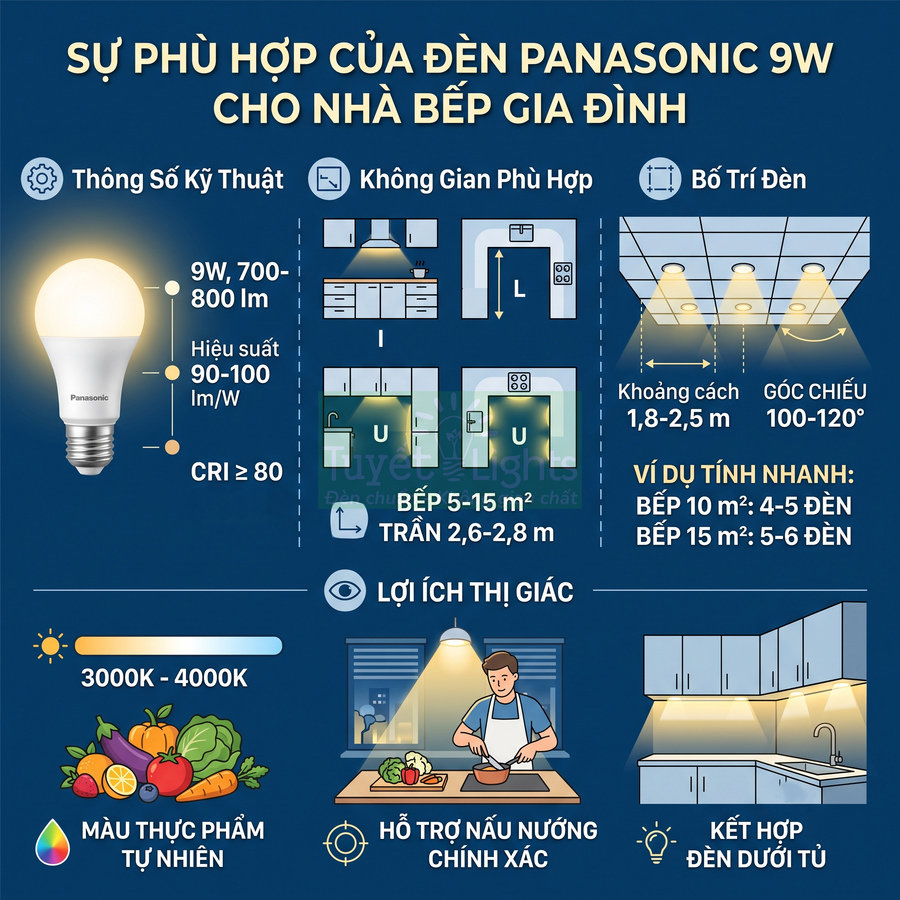 Đèn LED Panasonic 9W chiếu sáng nhà bếp gia đình, thông số kỹ thuật và gợi ý bố trí đèn tối ưu