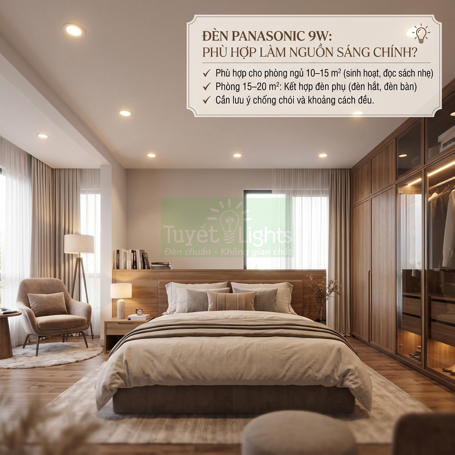 Đèn âm trần Panasonic 9W chiếu sáng phòng ngủ hiện đại nội thất gỗ ấm cúng