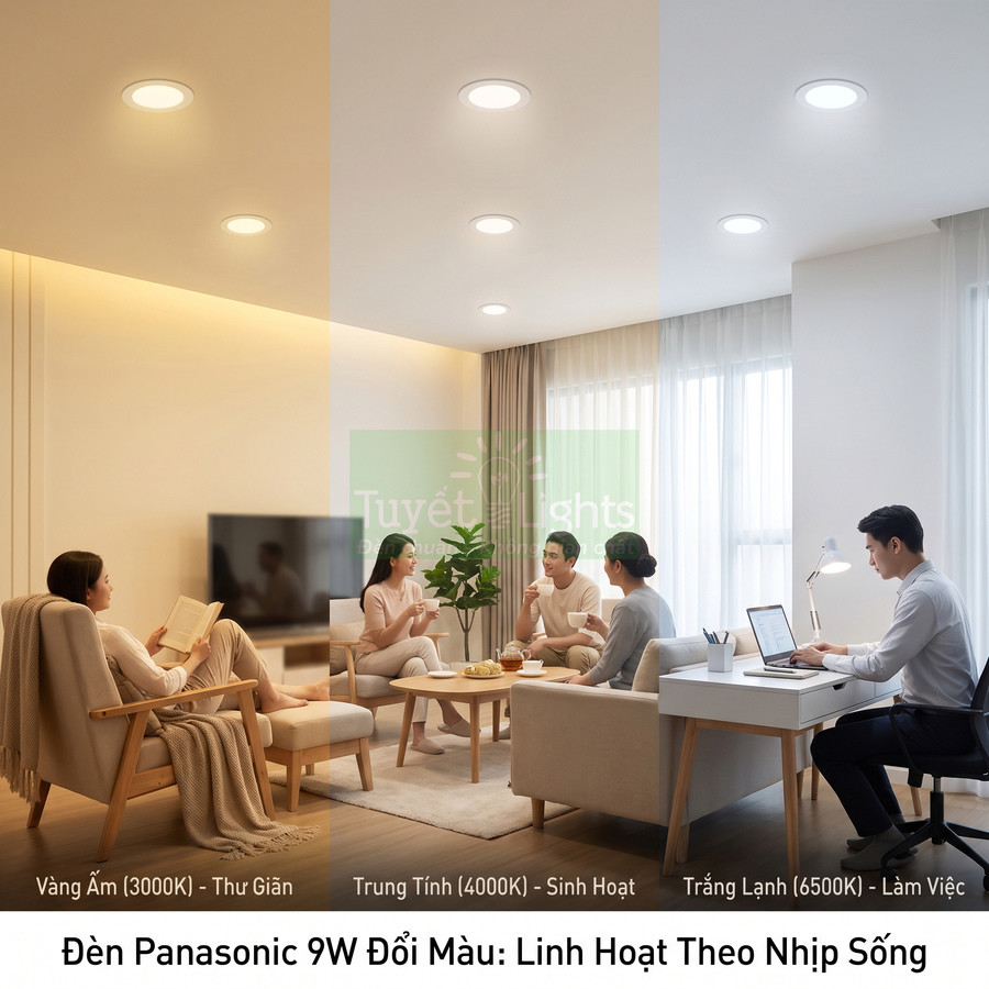 Đèn downlight Panasonic 9W đổi màu 3000K 4000K 6500K cho phòng khách và góc làm việc