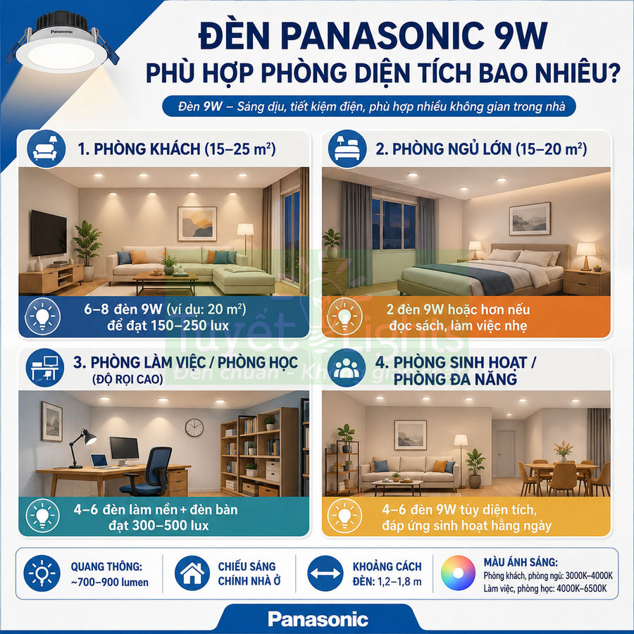 Đèn LED âm trần Panasonic 9W chiếu sáng phòng khách, phòng ngủ, phòng làm việc và phòng sinh hoạt trong nhà