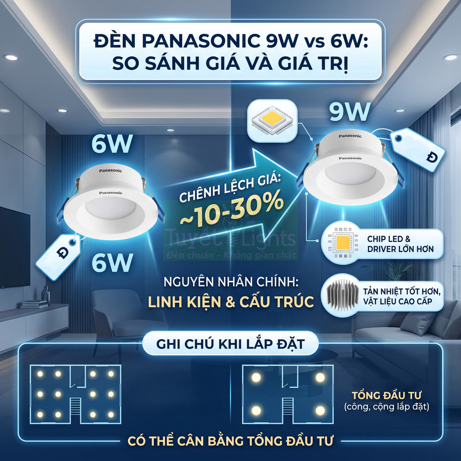 So sánh đèn downlight Panasonic 9W và 6W, khác biệt linh kiện, cấu trúc và lưu ý lắp đặt trong phòng khách