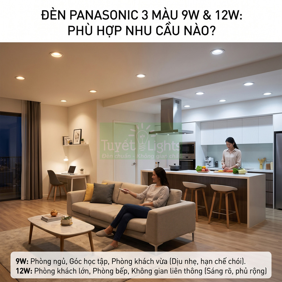 Đèn âm trần Panasonic 3 màu 9W và 12W chiếu sáng phòng khách liền bếp hiện đại