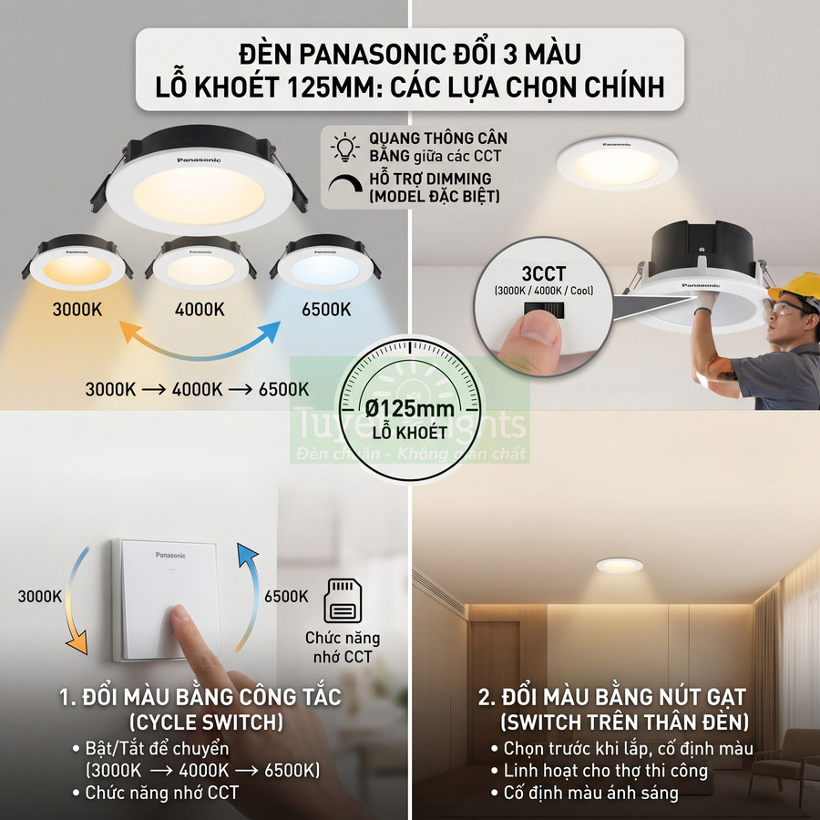 Đèn downlight Panasonic đổi 3 màu lỗ khoét 125mm, điều chỉnh 3000K 4000K 6500K bằng công tắc hoặc nút gạt