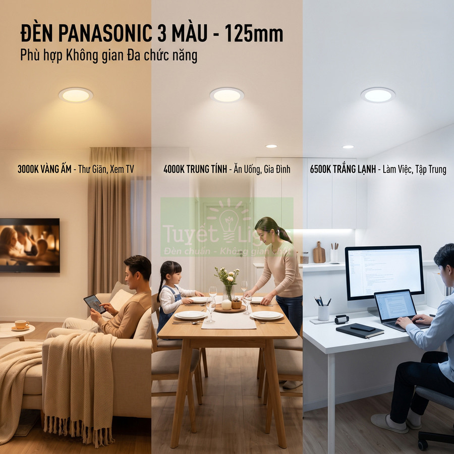 Đèn âm trần Panasonic 3 màu 125mm cho phòng khách, phòng ăn và góc làm việc