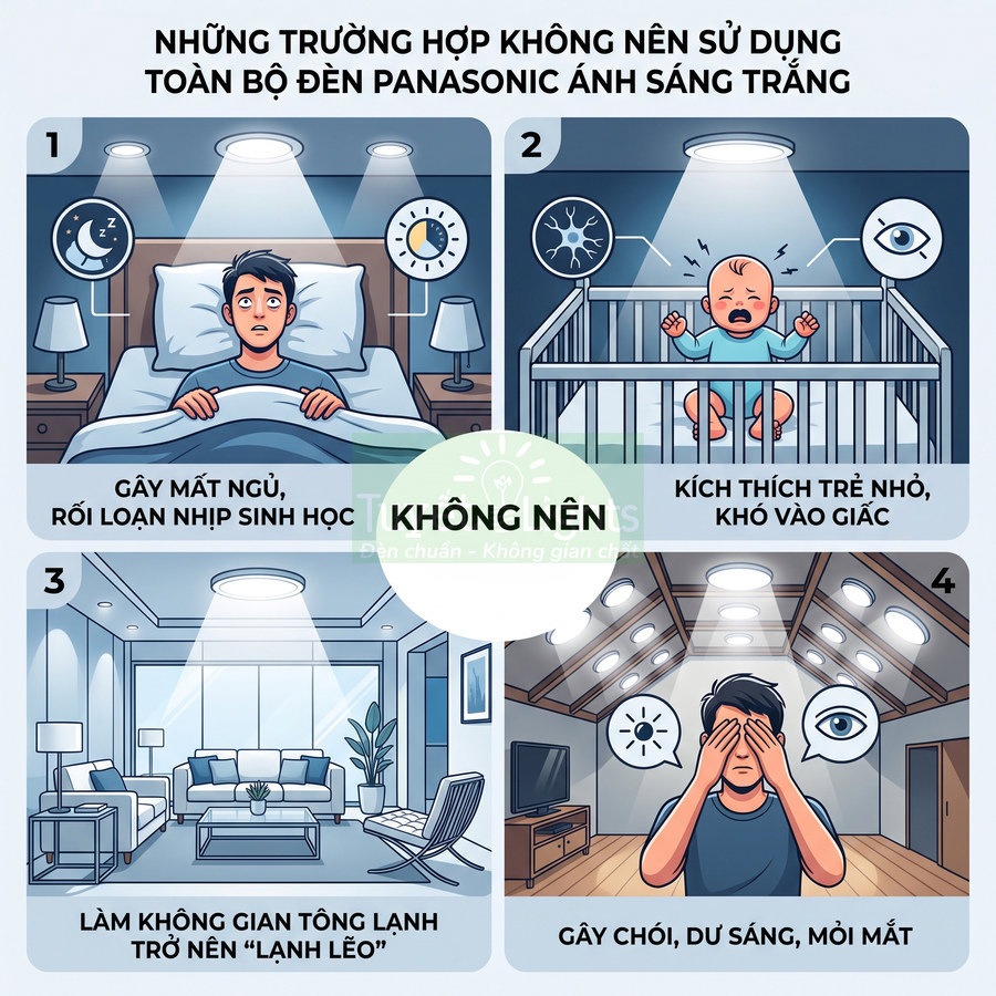 Infographic cảnh báo các trường hợp không nên dùng đèn Panasonic ánh sáng trắng trong phòng ngủ và phòng khách