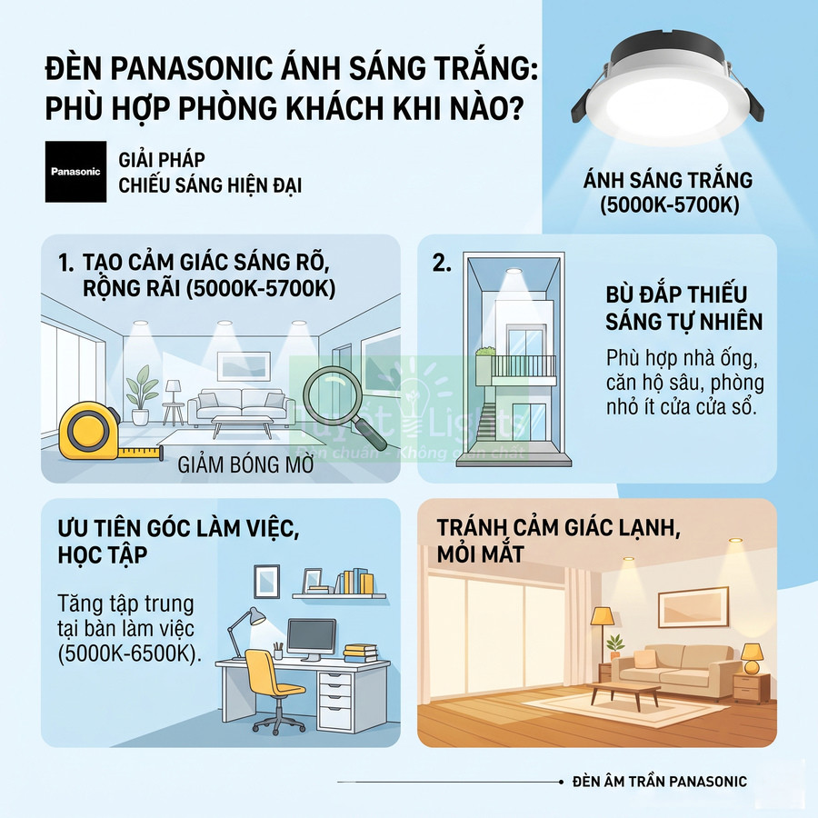 Đèn âm trần Panasonic ánh sáng trắng cho phòng khách, góc làm việc và nhà ống thiếu sáng