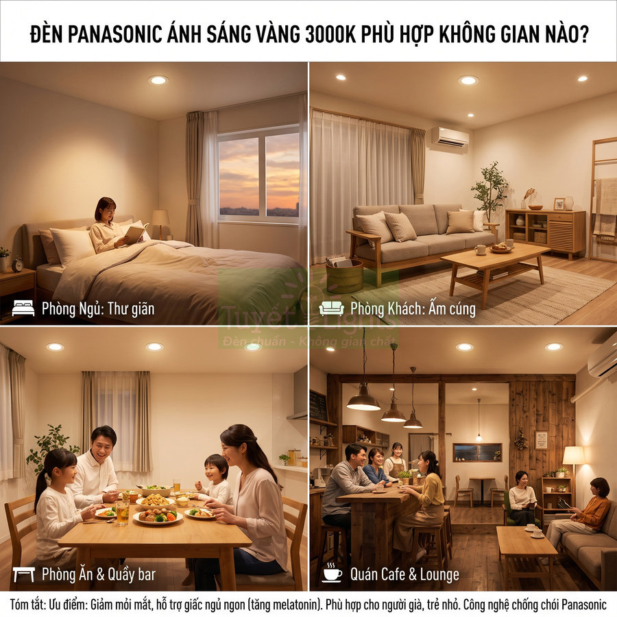 Đèn LED Panasonic ánh sáng vàng 3000K chiếu sáng phòng ngủ, phòng khách, phòng ăn và quán cafe ấm cúng