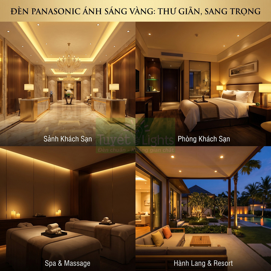 Đèn Panasonic ánh sáng vàng chiếu sáng sảnh, phòng khách sạn, spa và hành lang resort sang trọng