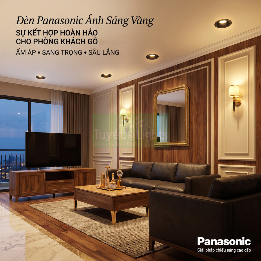 Đèn âm trần Panasonic ánh sáng vàng chiếu sáng phòng khách gỗ sang trọng với sofa da và bàn trà gỗ
