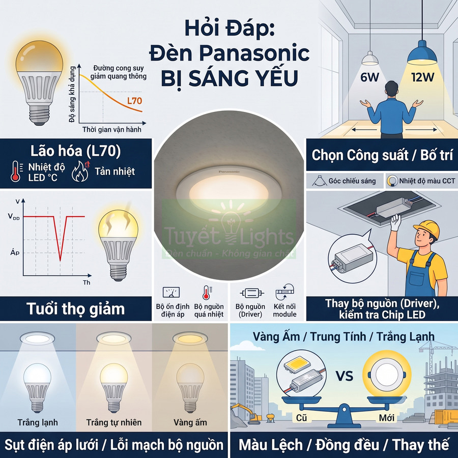 Infographic nguyên nhân đèn LED Panasonic bị sáng yếu và cách chọn công suất, thay bộ nguồn, kiểm tra chip LED