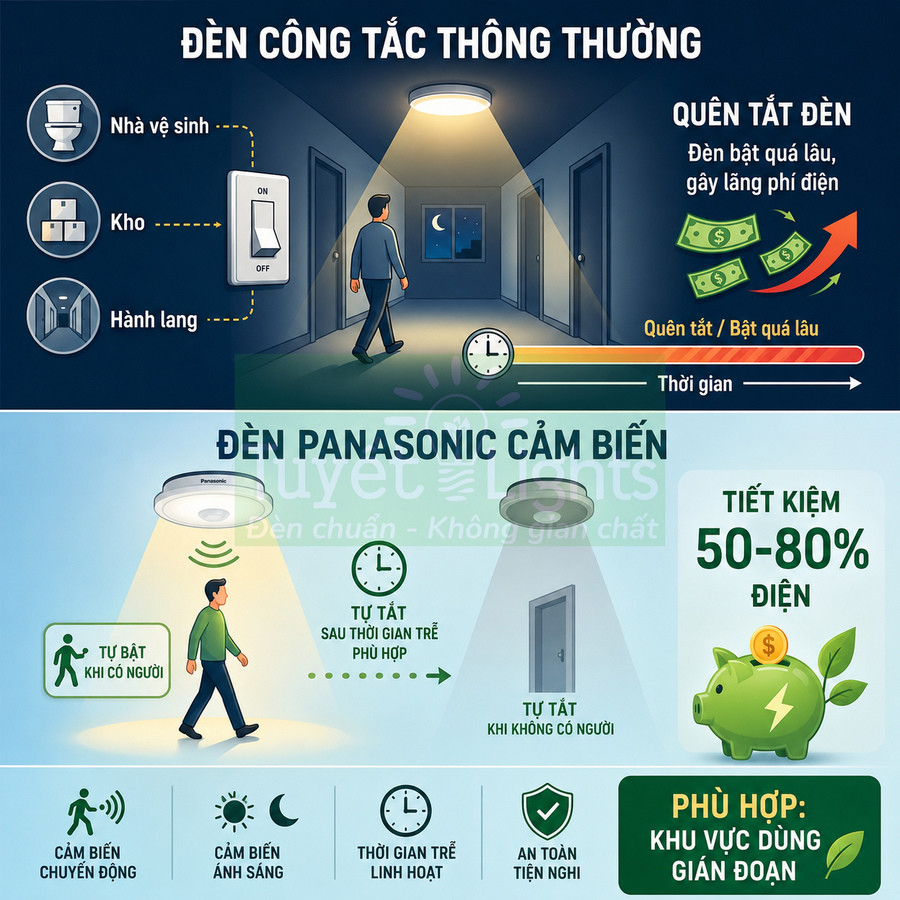 Đèn Panasonic cảm biến tự bật tắt tiết kiệm điện cho hành lang, nhà vệ sinh, kho sử dụng ngắt tự động