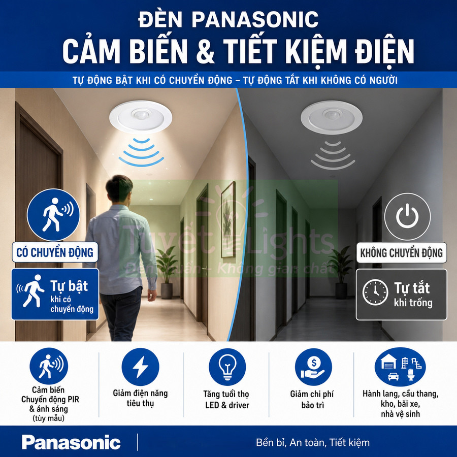 Đèn cảm biến Panasonic tự động bật tắt tiết kiệm điện cho hành lang và lối đi