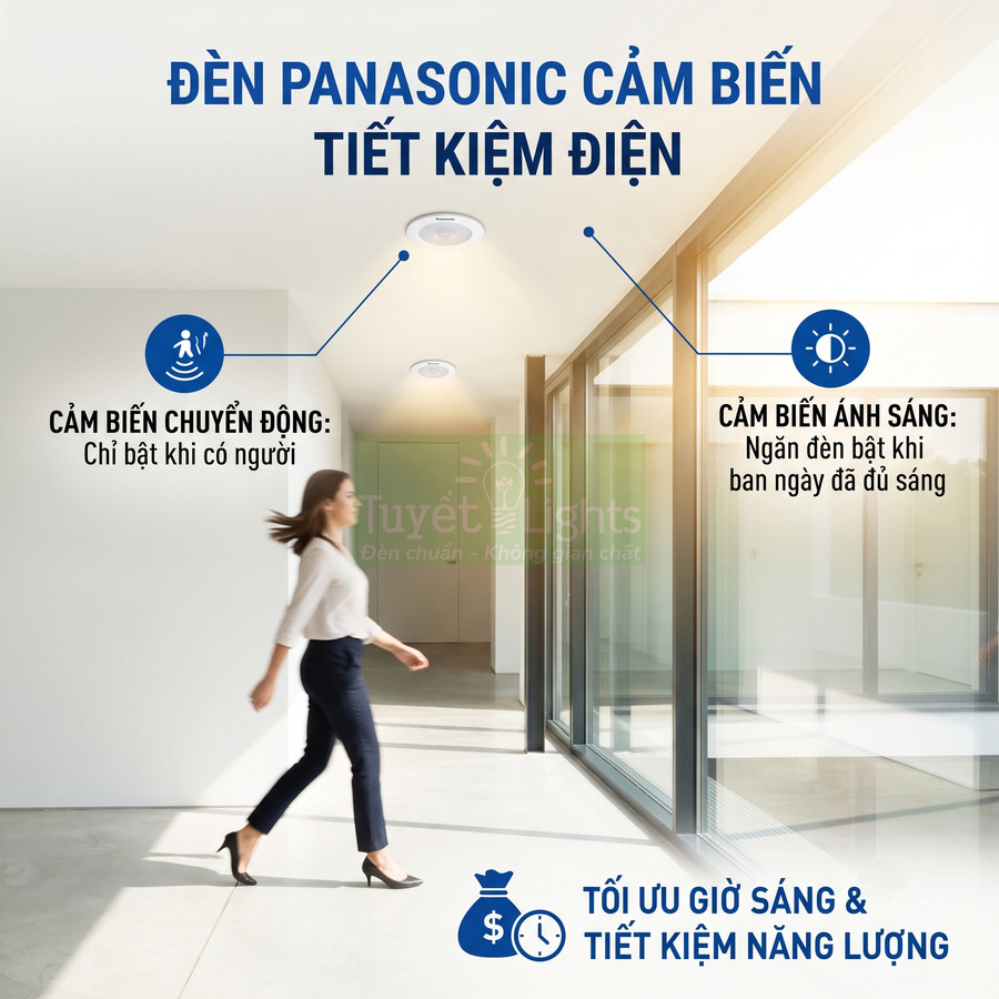 Đèn Panasonic cảm biến tiết kiệm điện lắp trần trong hành lang văn phòng hiện đại