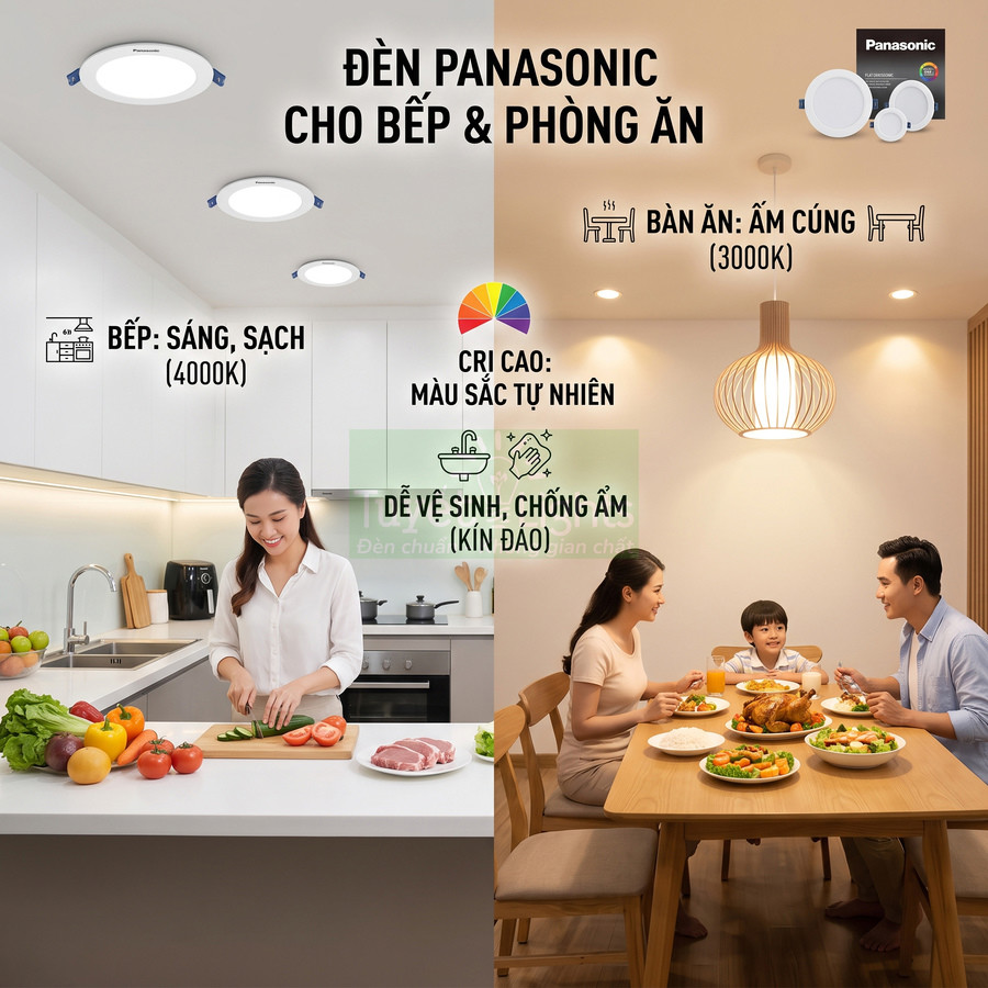 Đèn âm trần Panasonic chiếu sáng bếp và phòng ăn, tạo không gian sạch sáng và ấm cúng cho gia đình