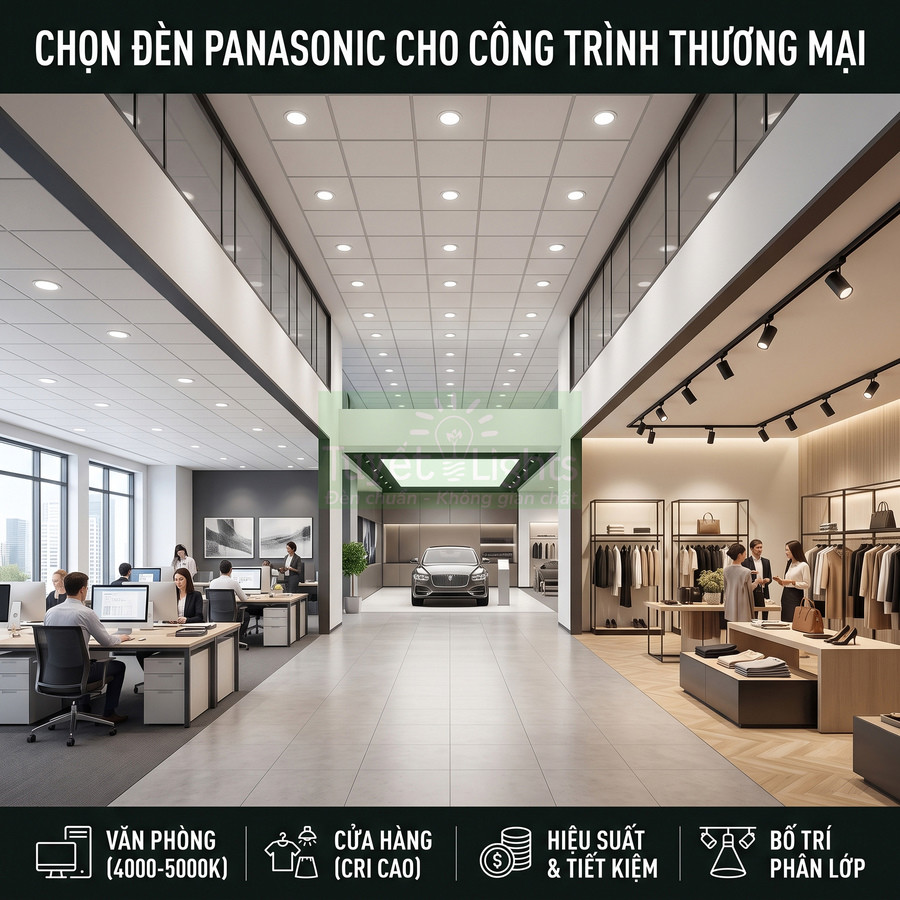 Đèn Panasonic chiếu sáng văn phòng, showroom ô tô và cửa hàng thời trang trong không gian thương mại hiện đại