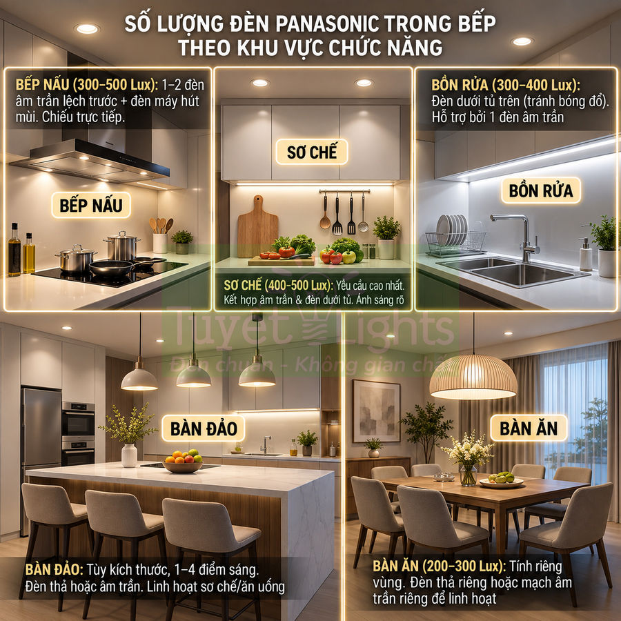 Đèn âm trần Panasonic chiếu sáng các khu vực bếp nấu, sơ chế, bồn rửa, bàn đảo và bàn ăn trong căn bếp hiện đại