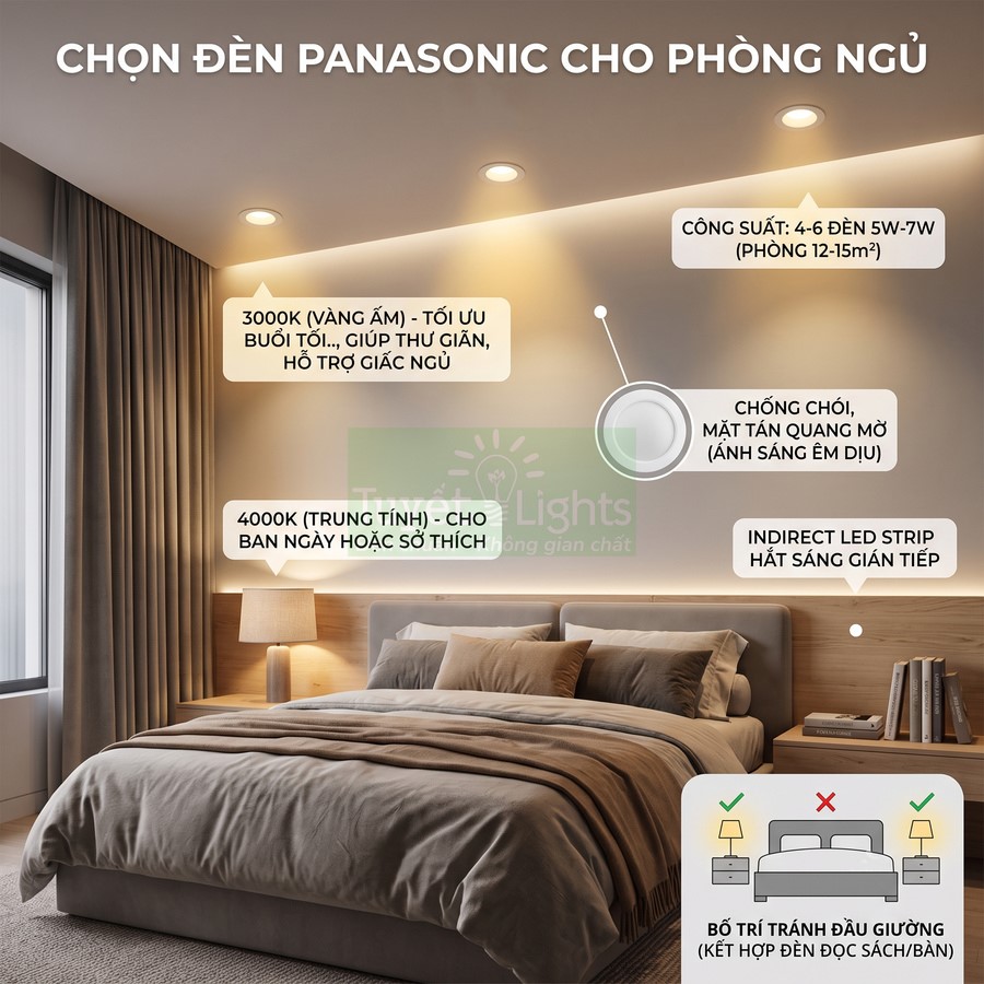 Đèn âm trần Panasonic ánh sáng vàng ấm cho phòng ngủ hiện đại với giường đôi và đèn bàn cạnh giường