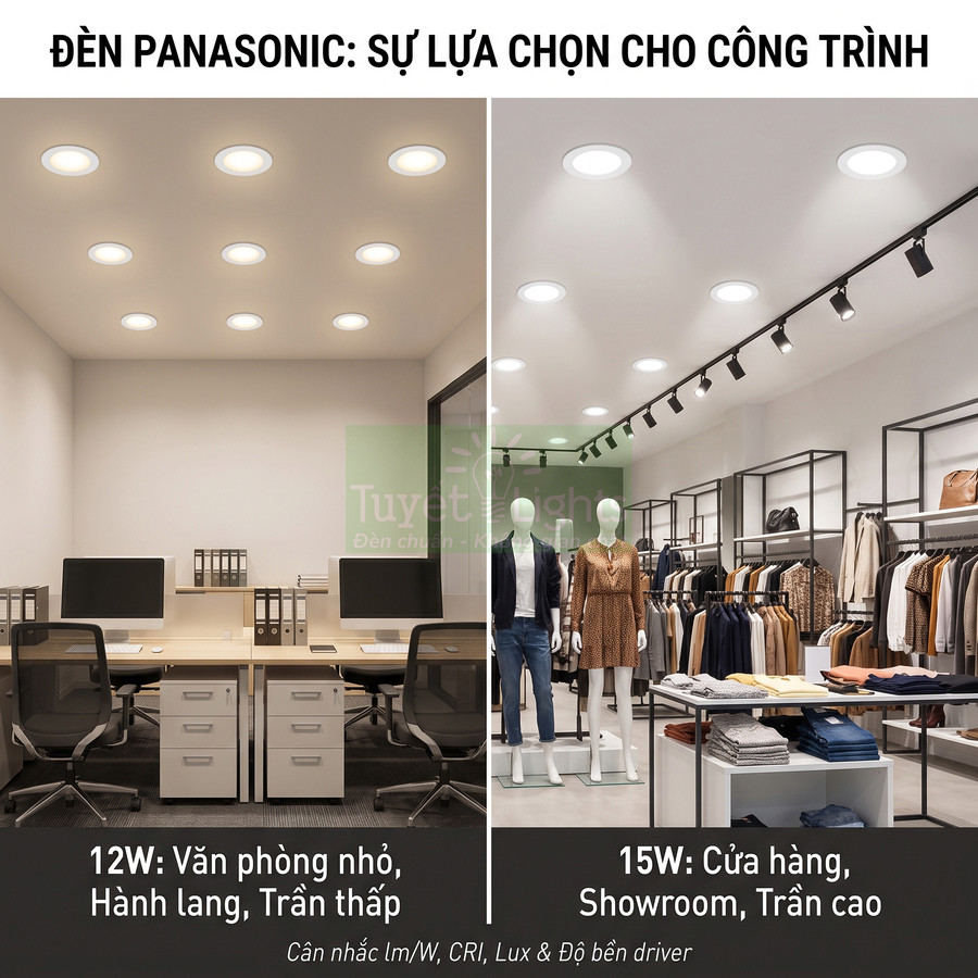 Đèn âm trần Panasonic chiếu sáng văn phòng nhỏ và cửa hàng thời trang, gợi ý công suất 12W và 15W cho từng không gian