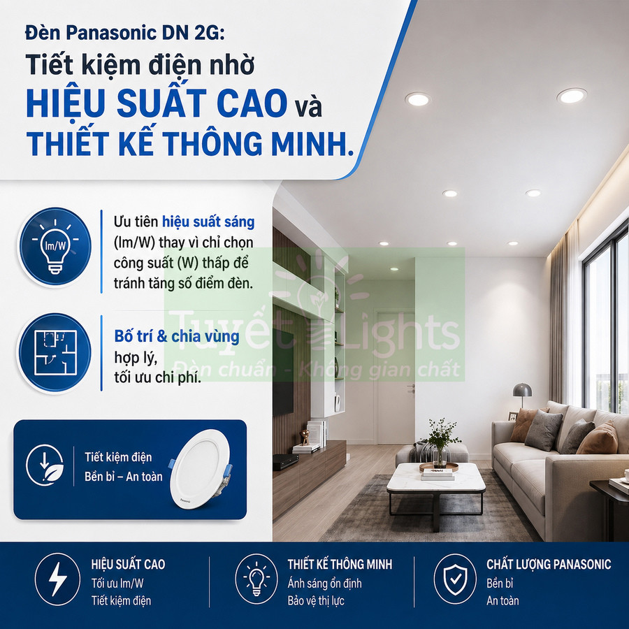 Đèn LED âm trần Panasonic DN 2G tiết kiệm điện, hiệu suất cao lắp trong phòng khách hiện đại