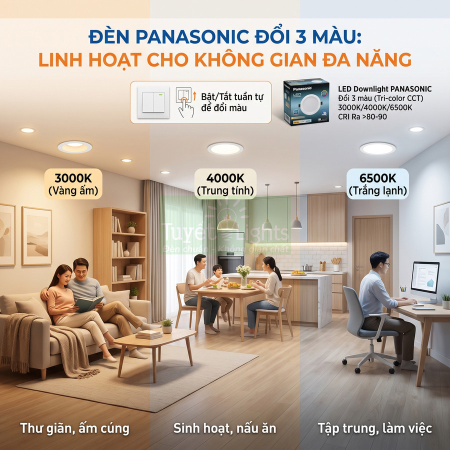 Đèn LED downlight Panasonic đổi 3 màu 3000K 4000K 6500K cho phòng khách bếp và góc làm việc