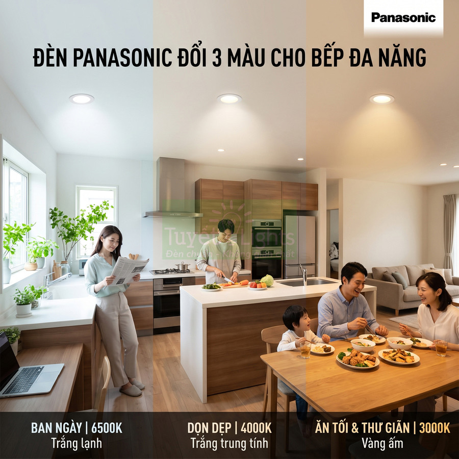Đèn trần Panasonic đổi 3 màu chiếu sáng bếp gia đình từ trắng lạnh đến vàng ấm