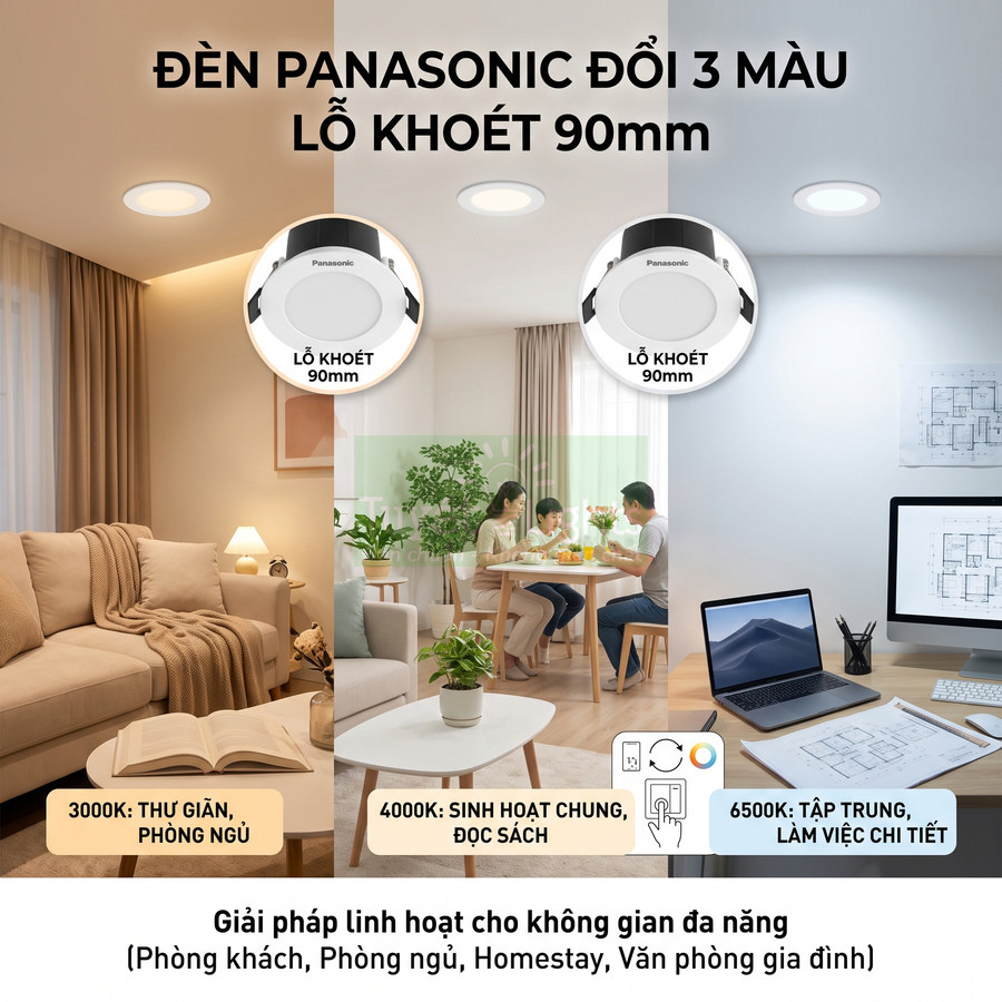 Đèn âm trần Panasonic đổi 3 màu lỗ khoét 90mm cho phòng khách, phòng ngủ và bàn làm việc