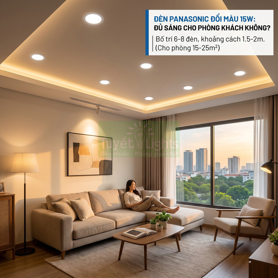 Đèn âm trần Panasonic 15W chiếu sáng phòng khách hiện đại với sofa và cửa sổ lớn nhìn ra thành phố