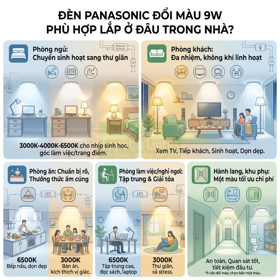 Đèn Panasonic đổi màu 9W chiếu sáng phòng ngủ, phòng khách, bếp, bàn ăn, làm việc và hành lang trong căn hộ hiện đại