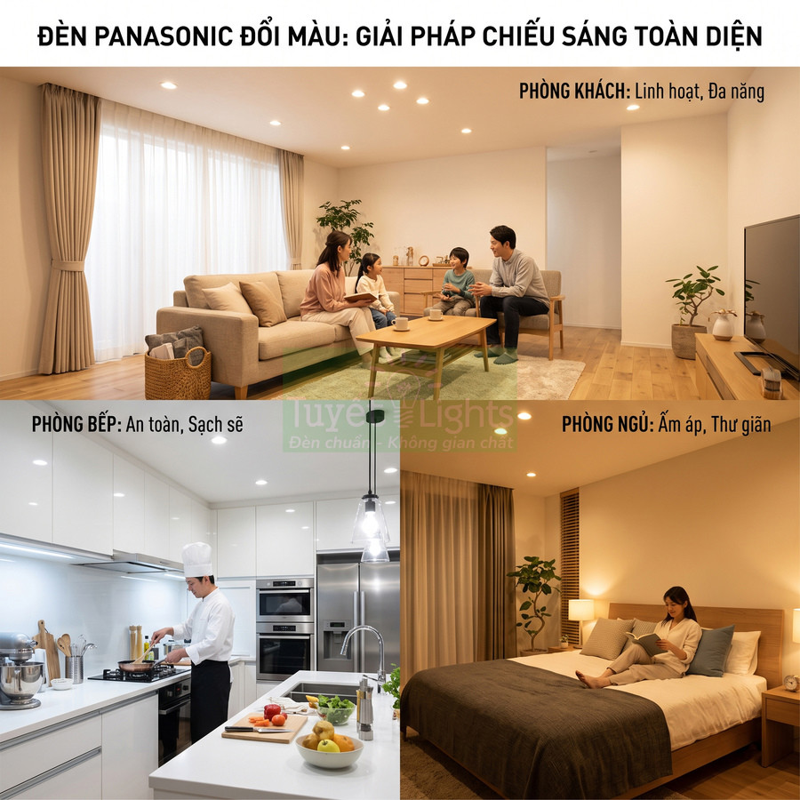 Đèn Panasonic đổi màu chiếu sáng phòng khách, phòng bếp và phòng ngủ hiện đại, ấm áp, an toàn
