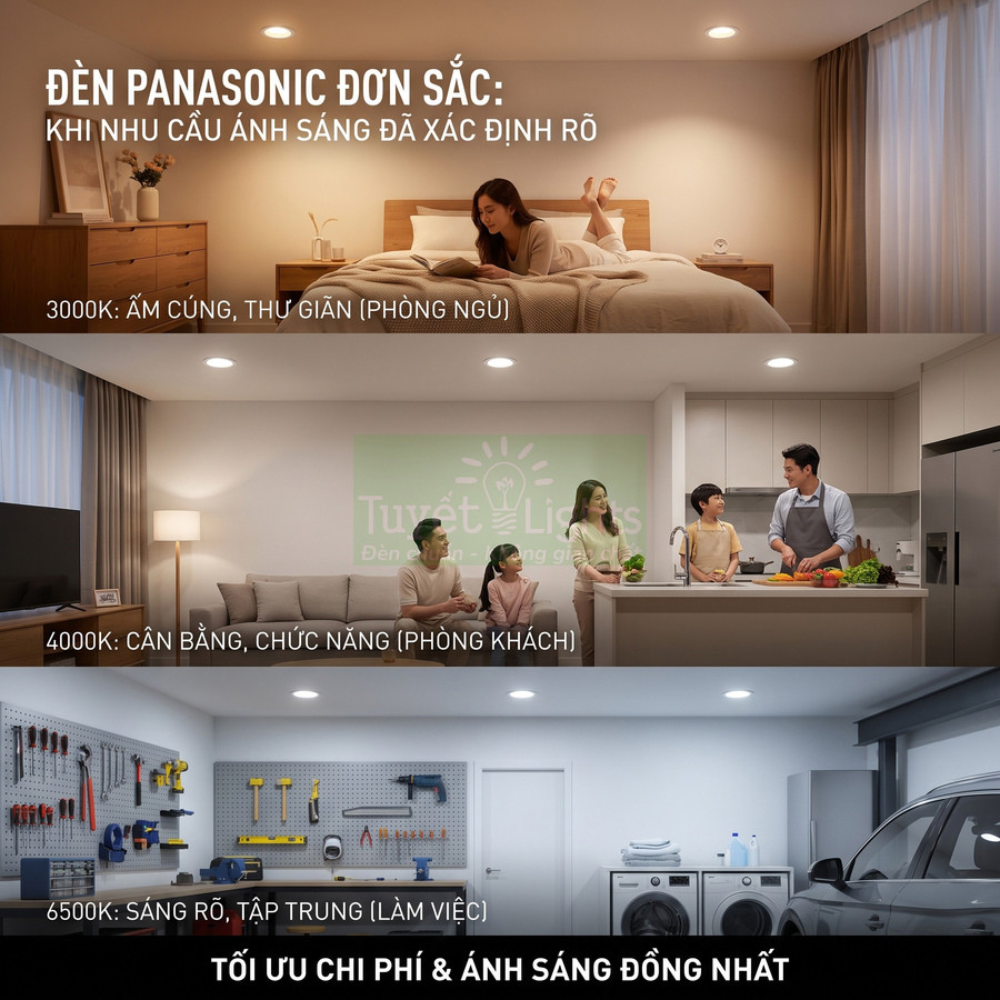 Đèn LED Panasonic đơn sắc chiếu sáng phòng ngủ, phòng khách và gara với các mức nhiệt màu khác nhau