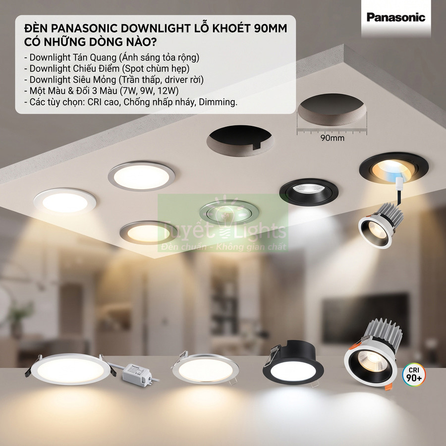Đèn downlight Panasonic lỗ khoét 90mm nhiều kiểu dáng, ánh sáng khác nhau cho trần nhà hiện đại