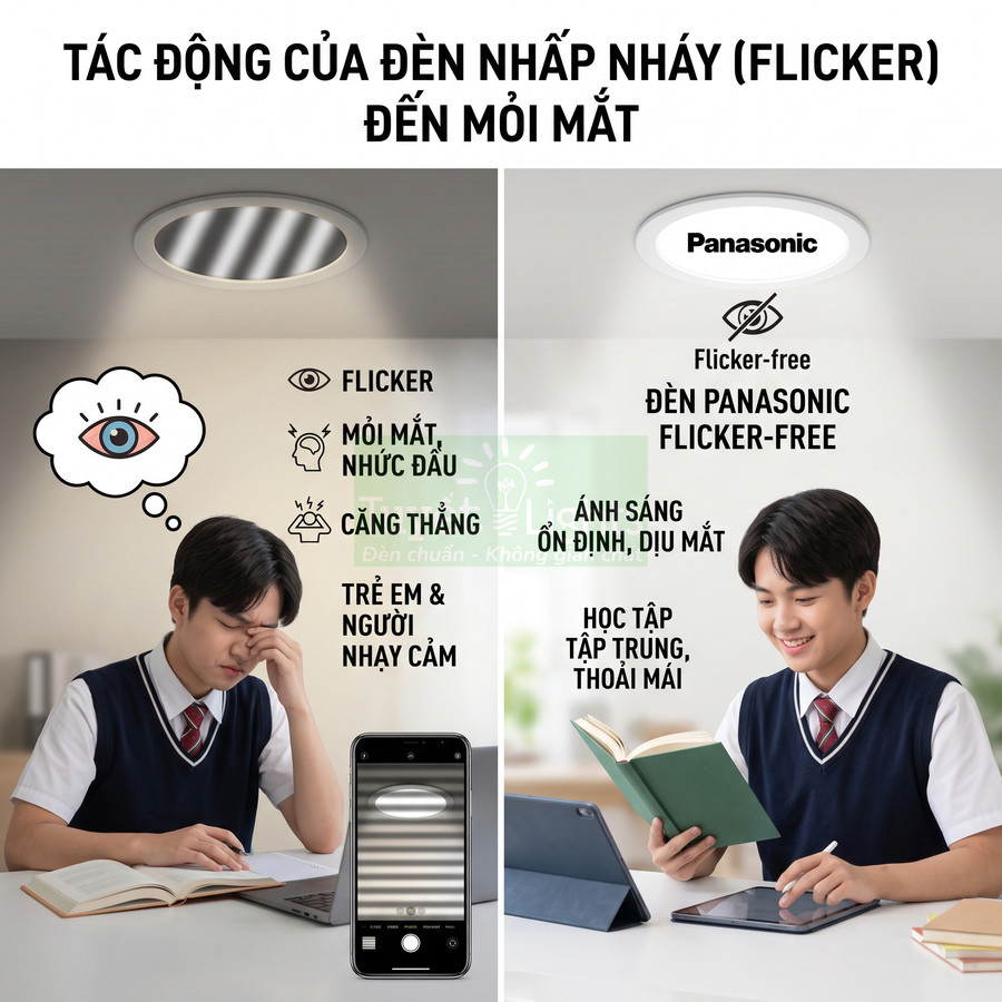 So sánh đèn nhấp nháy gây mỏi mắt với đèn LED Panasonic flicker free giúp học tập tập trung, dễ chịu