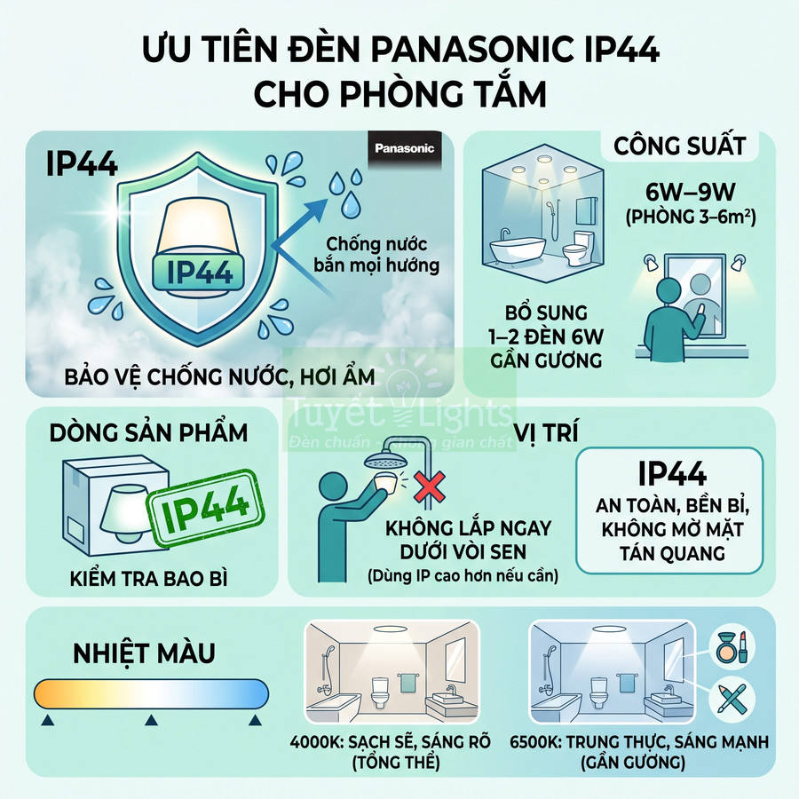 Ưu điểm đèn phòng tắm Panasonic IP44 chống nước, chống ẩm, công suất 6W–9W, ánh sáng 4000K và 6500K