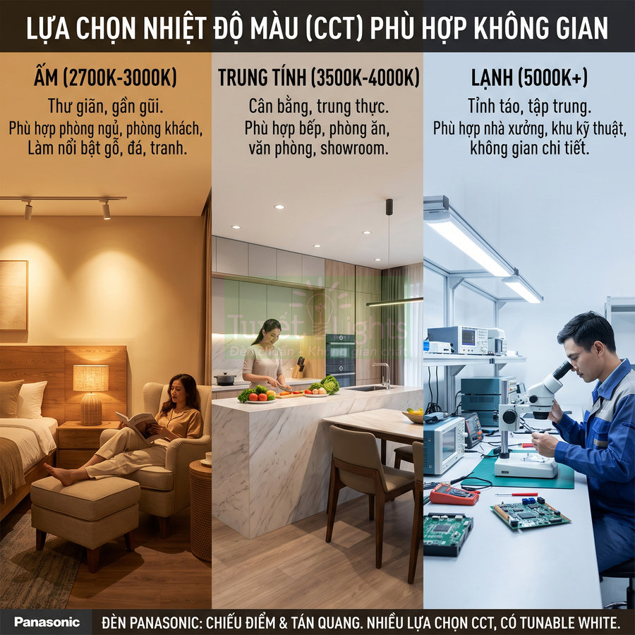 Đèn LED Panasonic chiếu điểm và tán quang với ba mức nhiệt độ màu cho phòng ngủ, bếp và phòng thí nghiệm