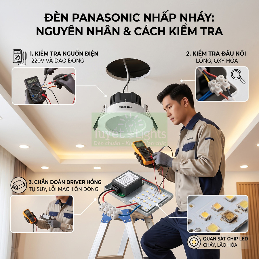Kỹ thuật viên kiểm tra đèn âm trần Panasonic bằng đồng hồ đo điện và bảng mạch LED trong phòng khách