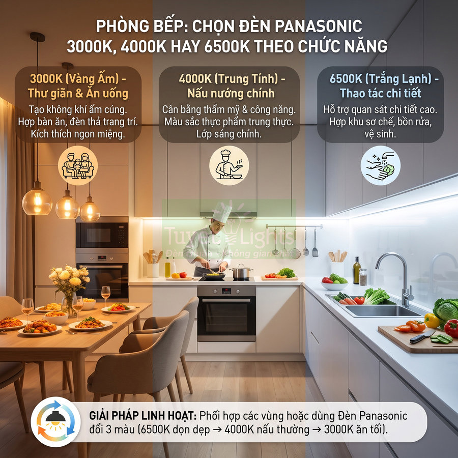 Đèn Panasonic cho phòng bếp với ba nhiệt độ màu 3000K, 4000K, 6500K cho khu ăn uống, nấu nướng và sơ chế