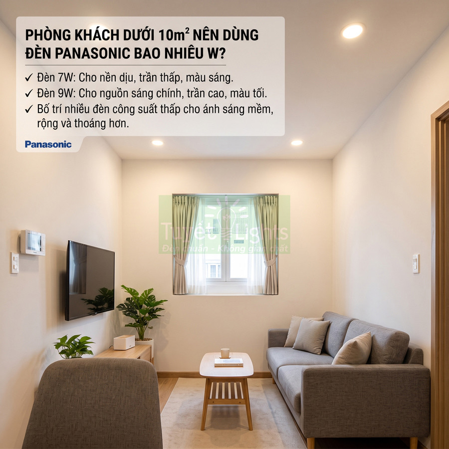 Phòng khách nhỏ sử dụng đèn LED âm trần Panasonic ánh sáng vàng dịu, bố trí nhiều đèn cho không gian sáng đều