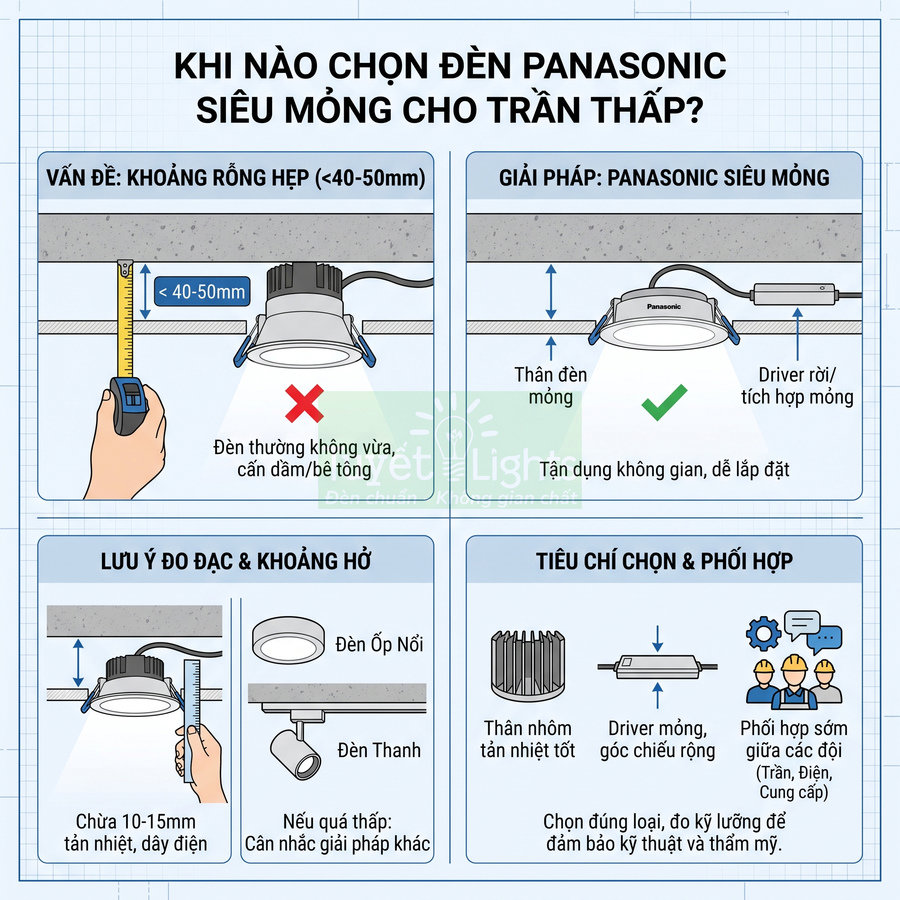 Hướng dẫn chọn đèn LED âm trần siêu mỏng Panasonic cho trần thấp và khoảng rỗng hẹp