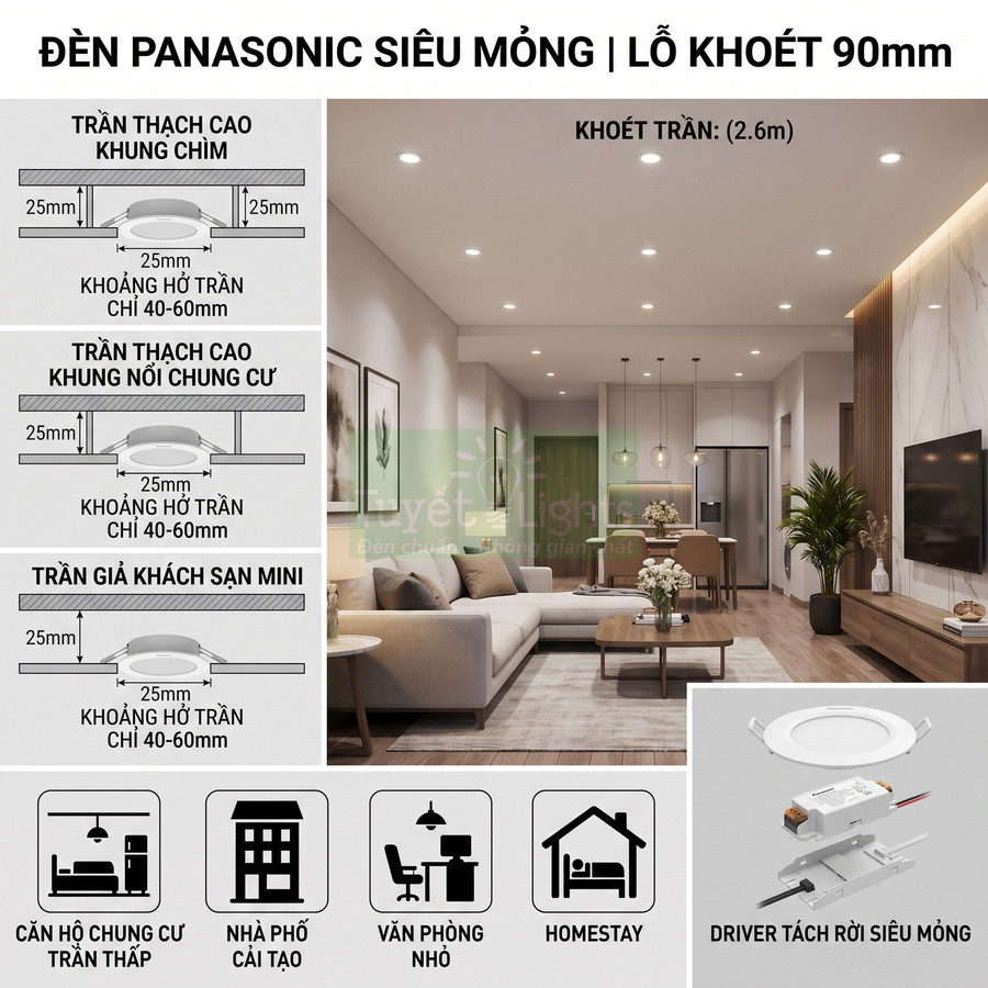 Đèn âm trần Panasonic siêu mỏng lỗ khoét 90mm cho trần thạch cao căn hộ, văn phòng, homestay
