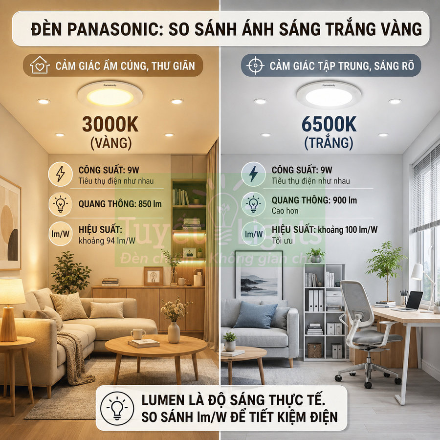 Đèn trần Panasonic so sánh ánh sáng vàng 3000K và ánh sáng trắng 6500K trong phòng khách và phòng làm việc