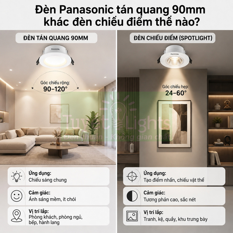 So sánh đèn Panasonic tán quang 90mm và đèn chiếu điểm spotlight trong phòng khách hiện đại
