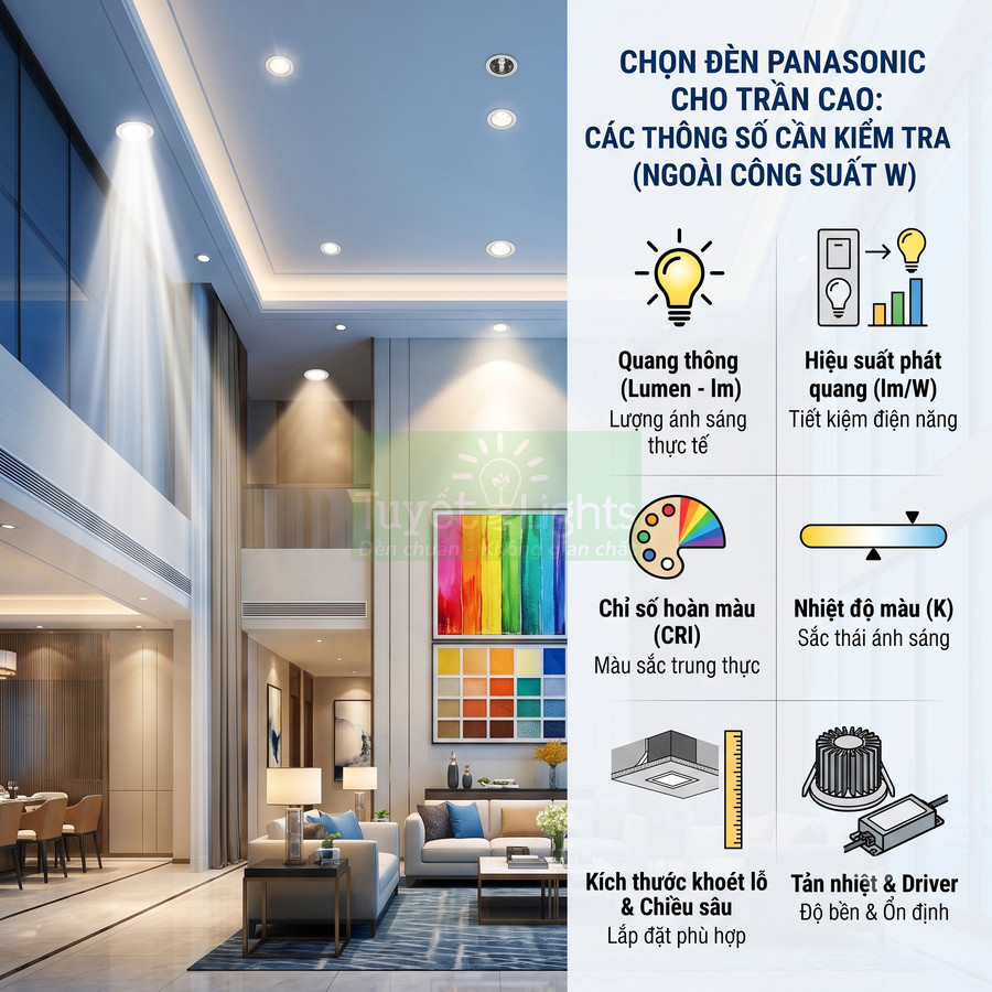 Đèn LED âm trần Panasonic chiếu sáng phòng khách trần cao hiện đại kèm hướng dẫn chọn thông số kỹ thuật