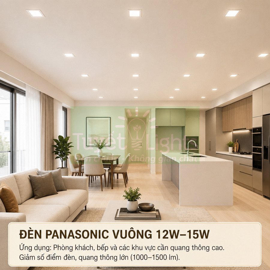 Đèn Panasonic vuông 12W 15W chiếu sáng phòng khách liền bếp hiện đại, ánh sáng trắng dịu mắt
