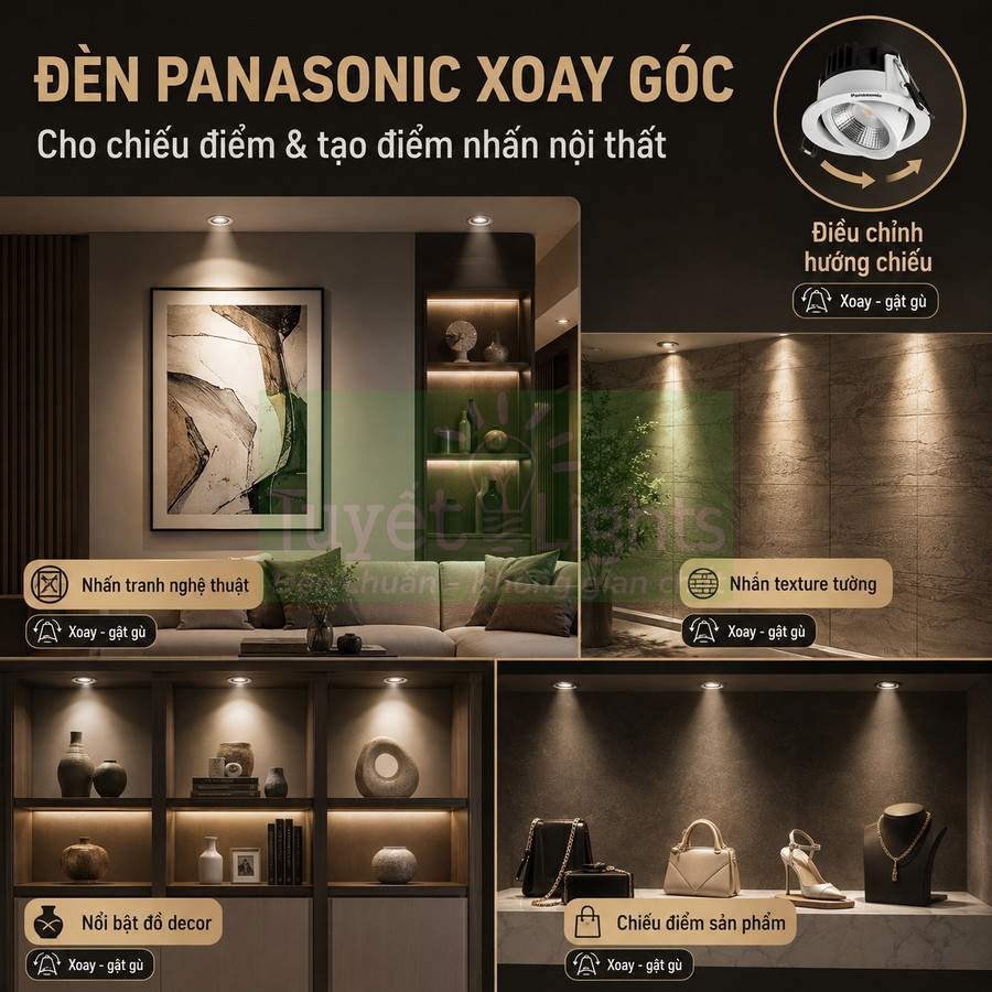 Đèn downlight Panasonic xoay góc chiếu điểm trang trí nội thất phòng khách và kệ trưng bày sản phẩm