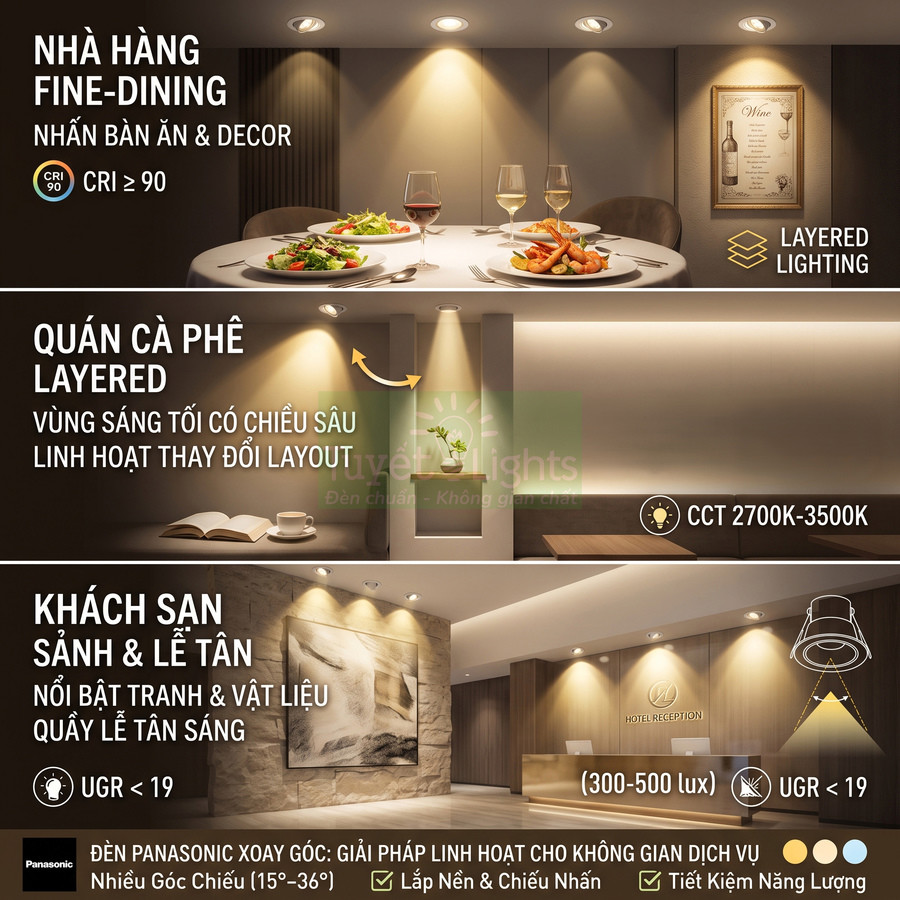 Đèn downlight Panasonic xoay góc chiếu sáng nhà hàng, quán cà phê và sảnh khách sạn sang trọng