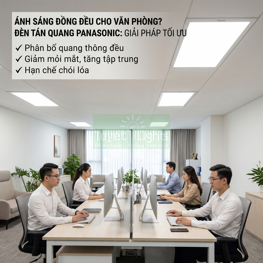 Đèn tán quang Panasonic chiếu sáng đồng đều cho văn phòng hiện đại với nhân viên làm việc trên máy tính