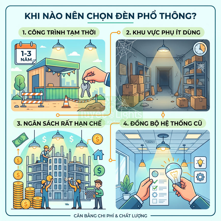 Minh họa các tình huống nên chọn đèn chiếu sáng phổ thông cho công trình, kho phụ, ngân sách thấp và hệ thống cũ