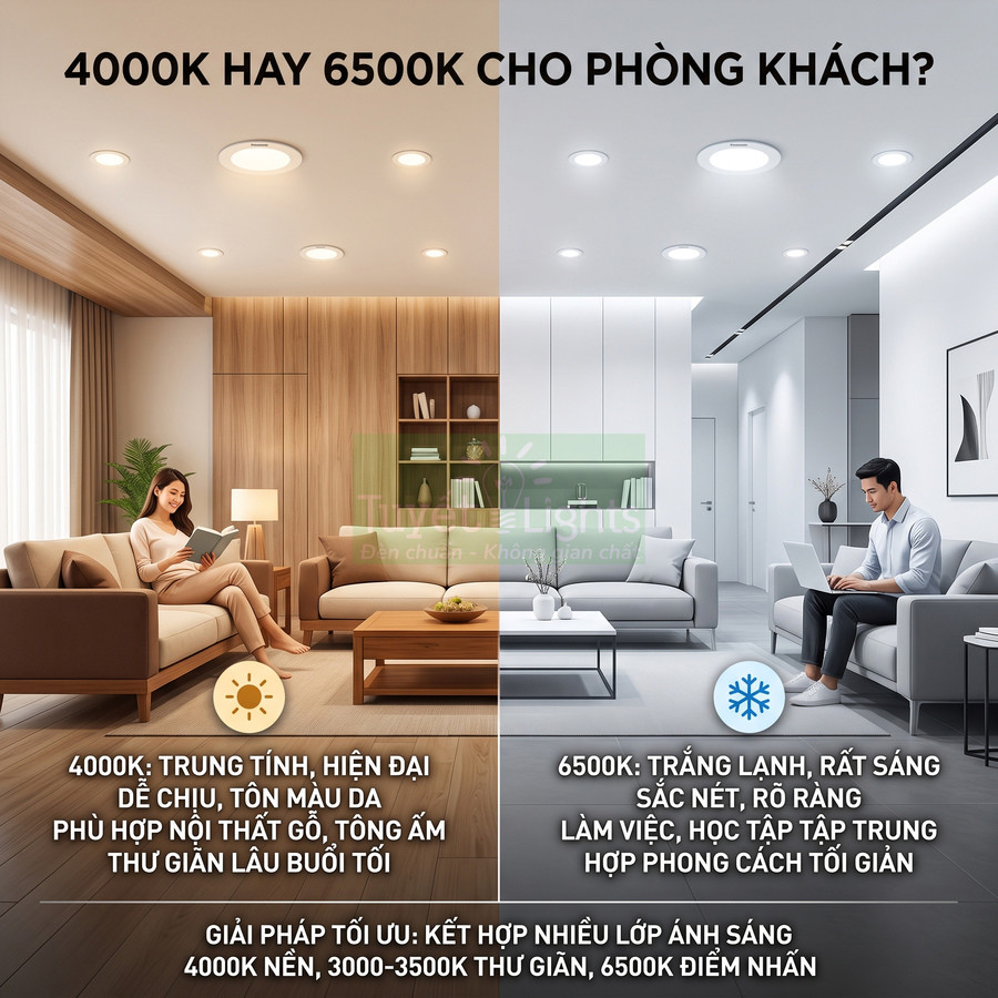 So sánh ánh sáng đèn LED 4000K và 6500K cho phòng khách với không gian ấm áp và hiện đại