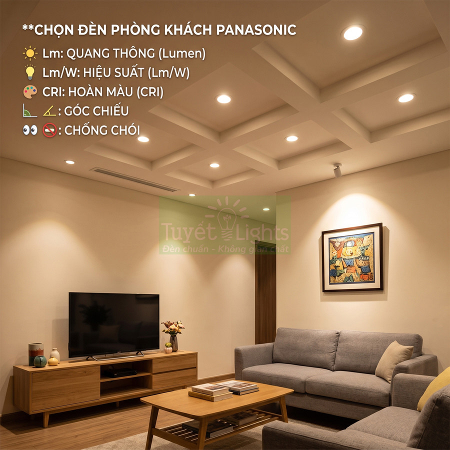 Đèn âm trần Panasonic chiếu sáng phòng khách hiện đại với sofa xám và kệ tivi gỗ